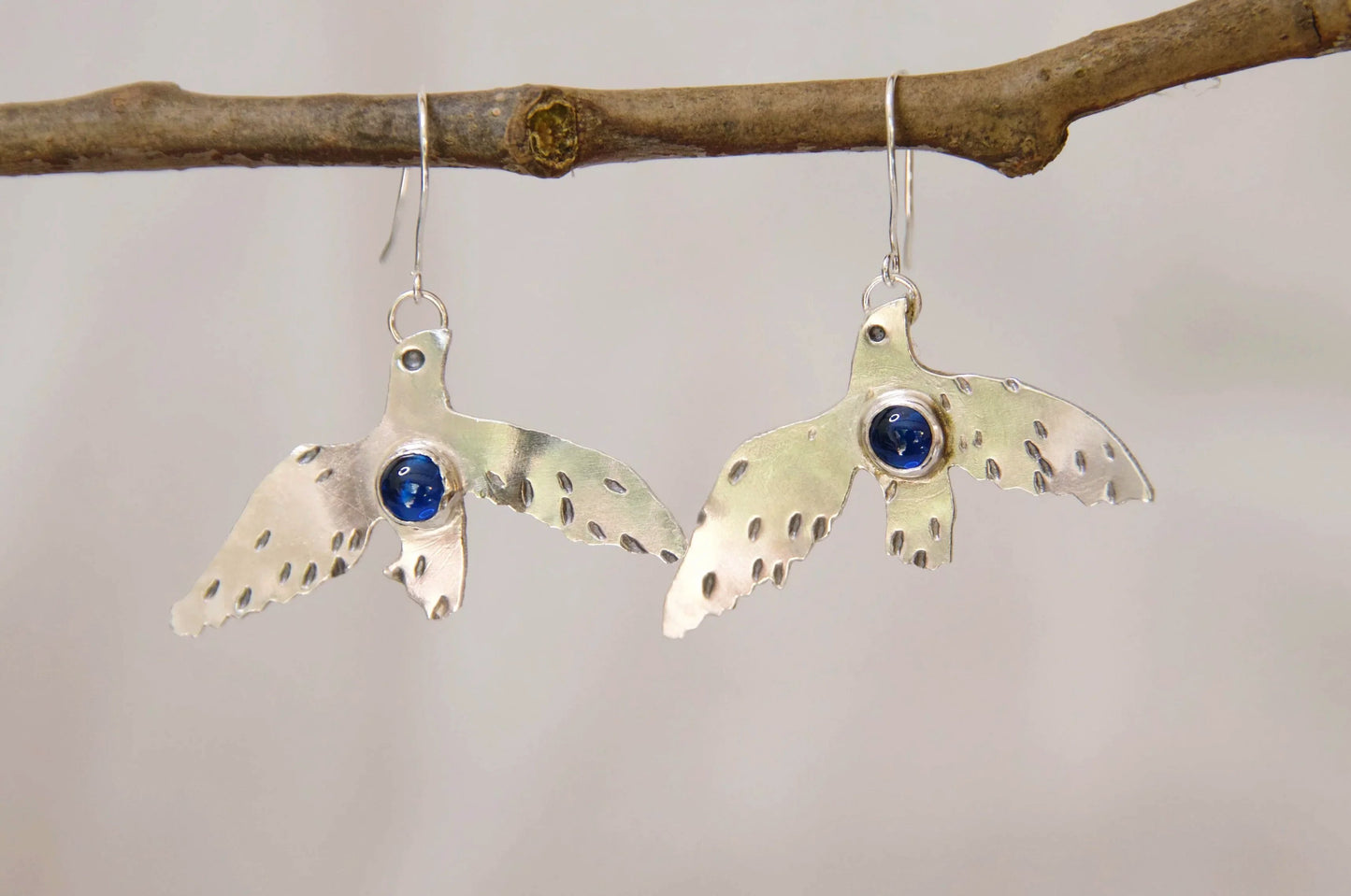 Sterling silver and sapphire artisan bluebird earrings