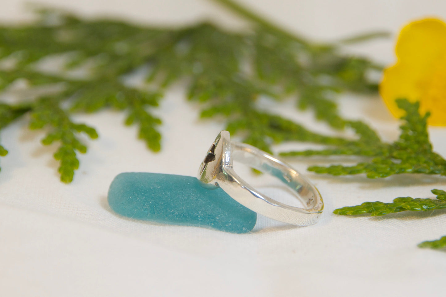 Silver ring with blue accent on a white surface with green leaves and a yellow flower.