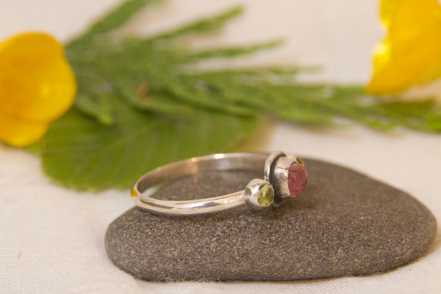Whimsical one of a kind tourmaline and peridot ring