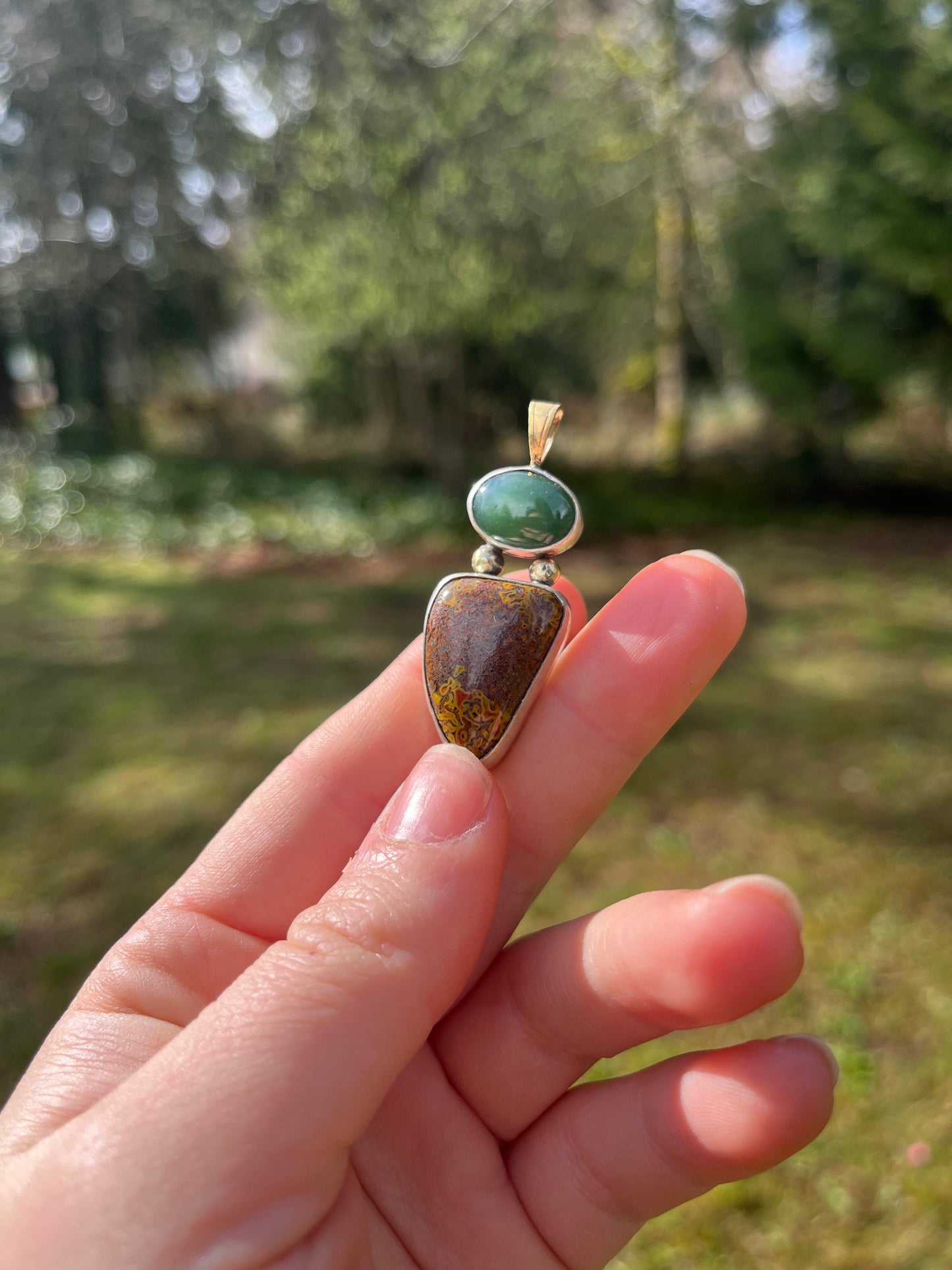 Sterling silver and brass salal pendant one of a kind pacific northwest jewelry