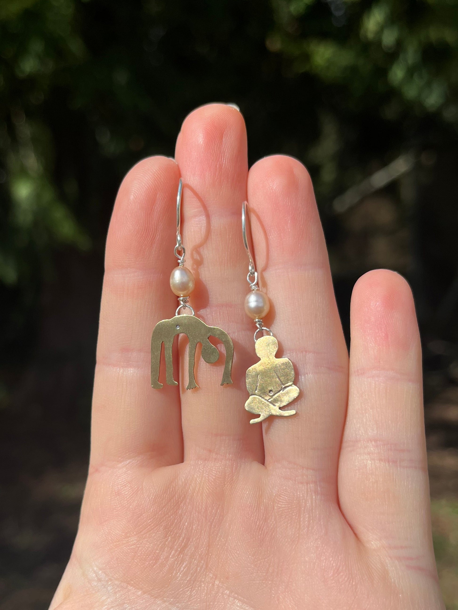 One of a kind brass earrings with sterling silver hooks hand beaded pearls fun and one of a kind jewelry