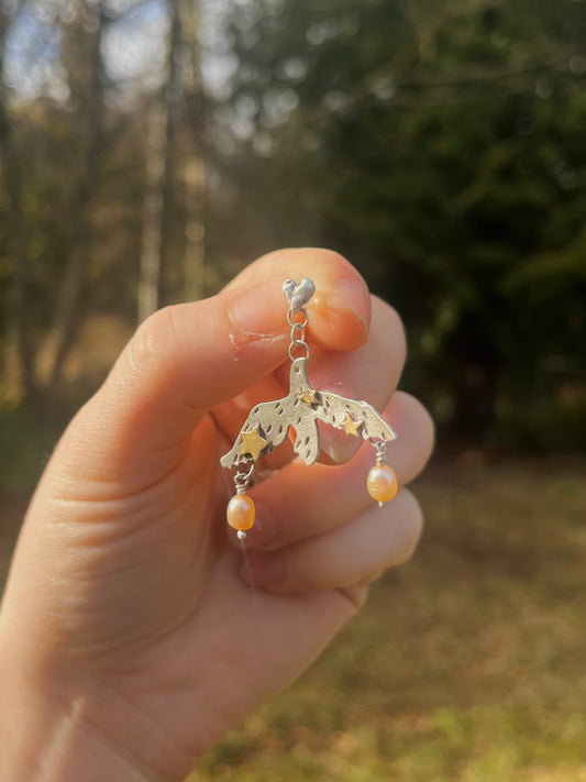 Handmade sterling silver and brass whimsical bird earrings with freshwater pearl beads 