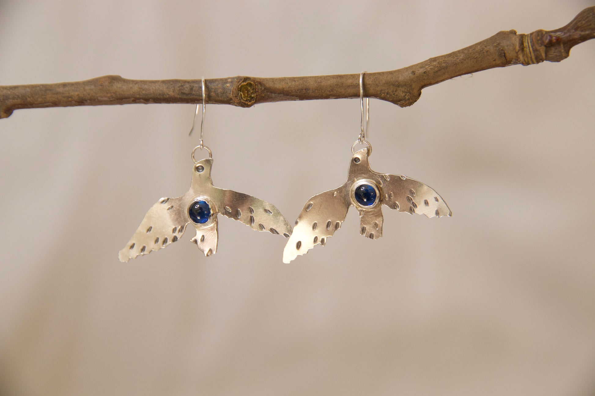 Whimsical sterling silver blue bird earrings Sapphires hand set  in sterling silver artisan jewelry