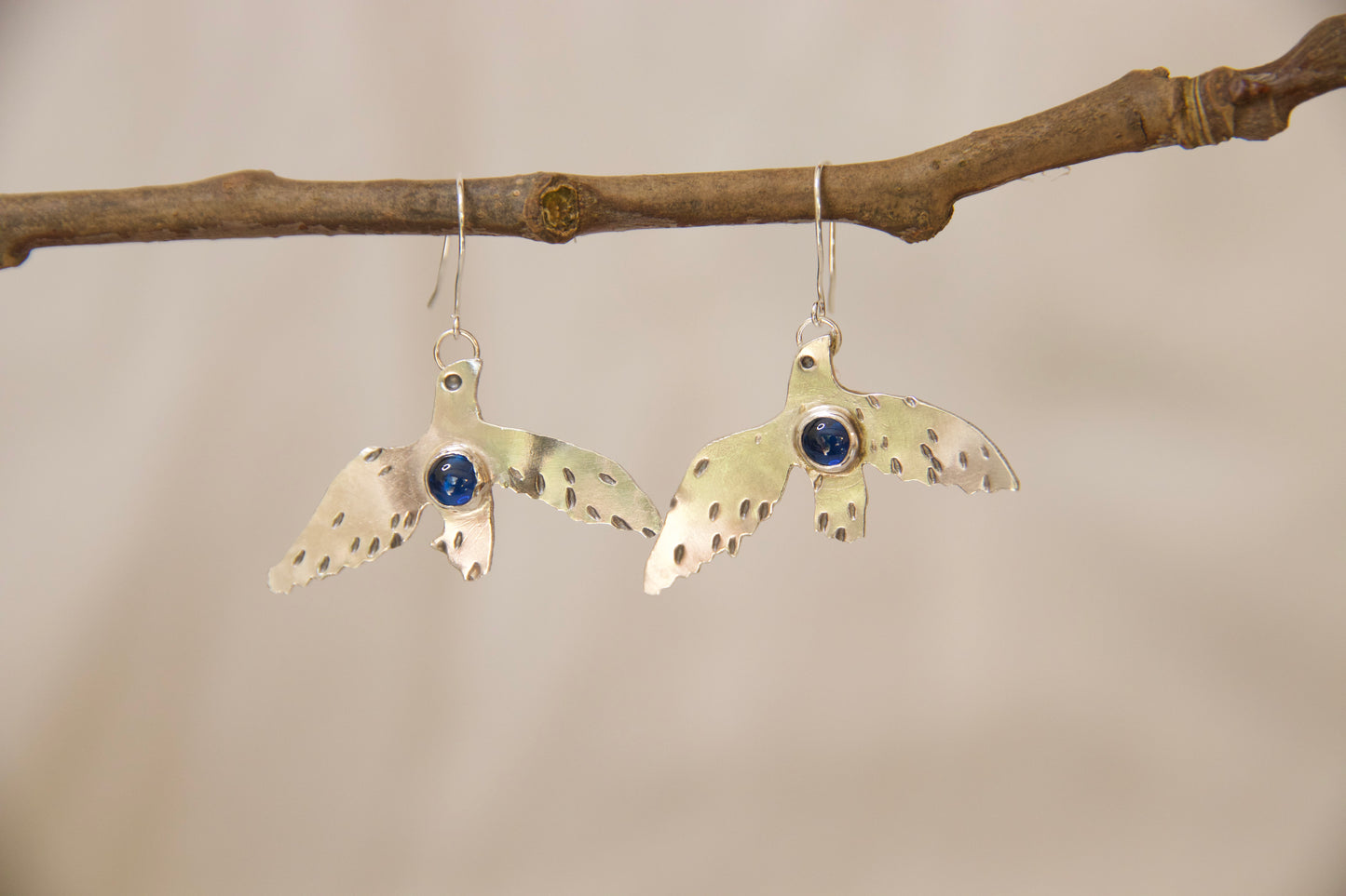 Sterling silver and sapphire artisan bluebird earrings 