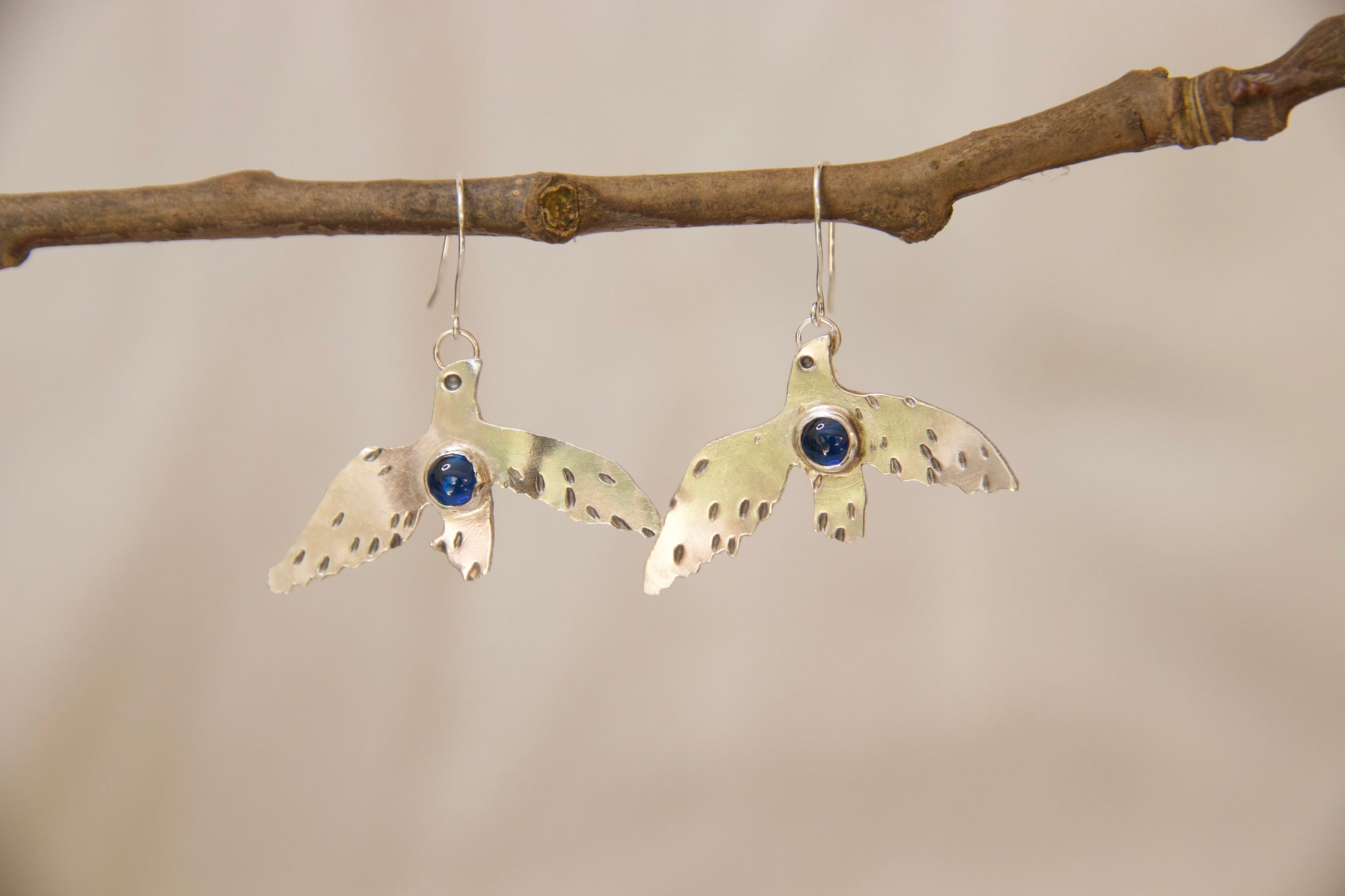 Sterling silver and sapphire artisan bluebird earrings 