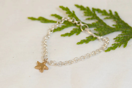 Silver bracelet with a gold star charm on a white surface with green leaves.