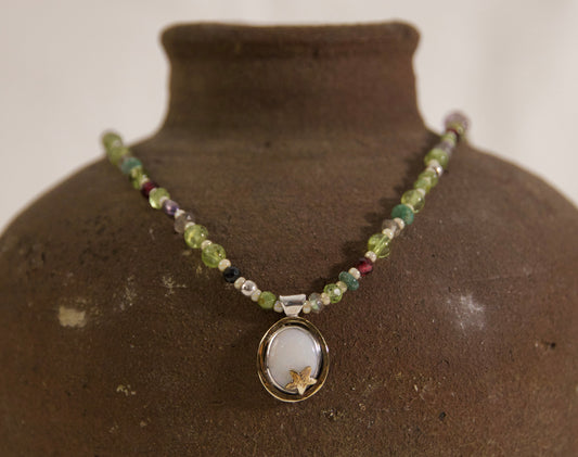 Brass silver and opal necklace