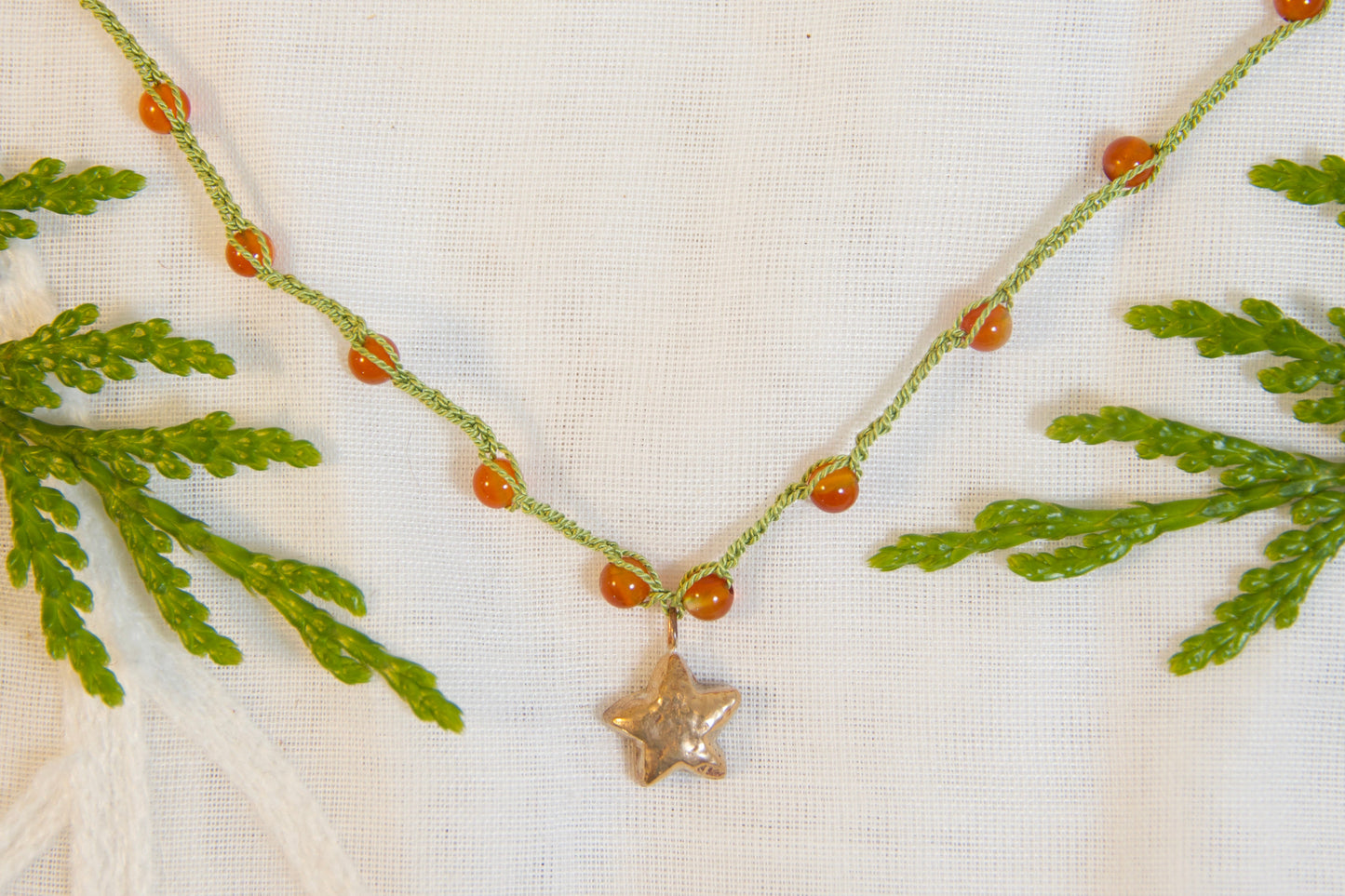 Necklace with a star pendant on a white background with green leaves