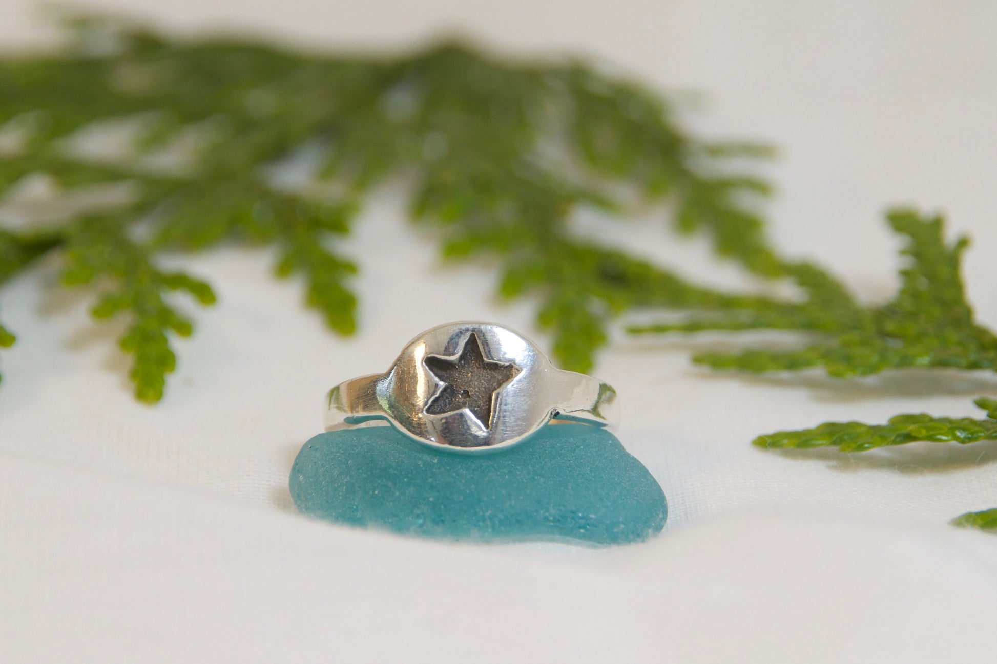 Ring with a star design on a piece of blue glass or stone, placed on green foliage.