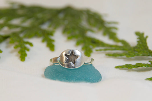 Ring with a star design on a piece of blue glass or stone, placed on green foliage.