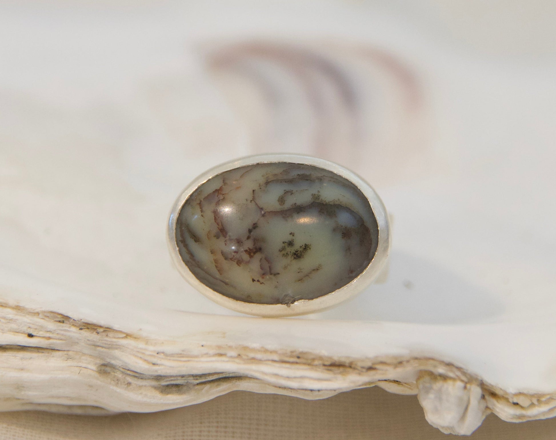 A silver ring with a round cabochon stone featuring a marbled gray, green, and brown pattern, displayed on an open white clam shell.