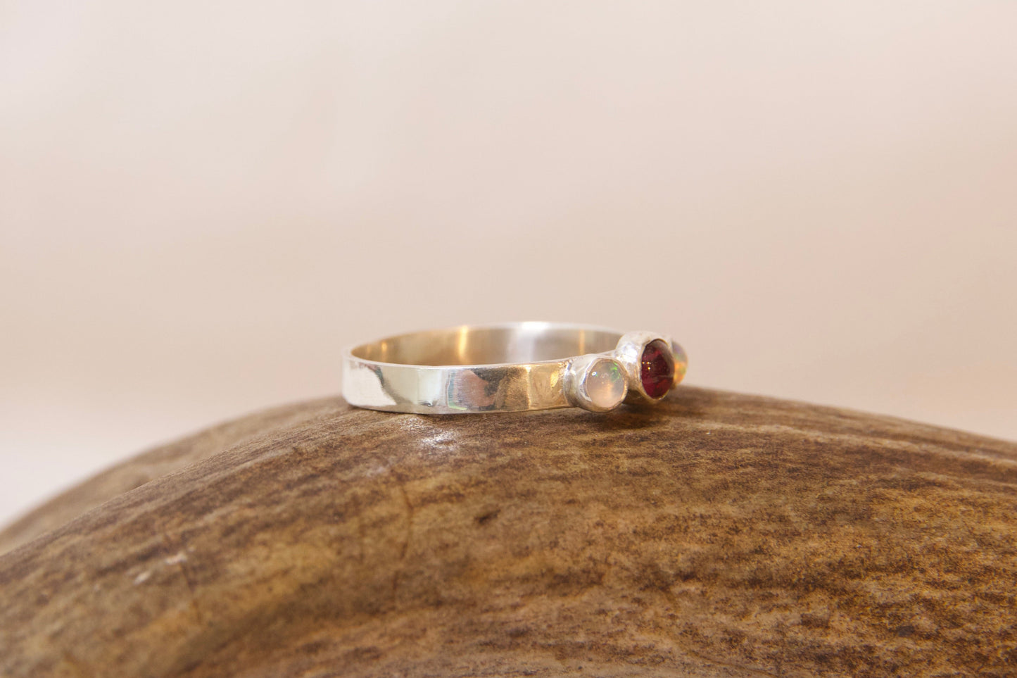 Sterling silver garnet and opal ring handmade artisan jewelry