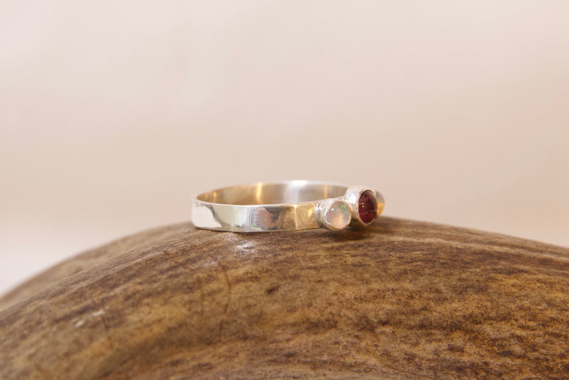 Sterling silver garnet and opal ring handmade artisan jewelry