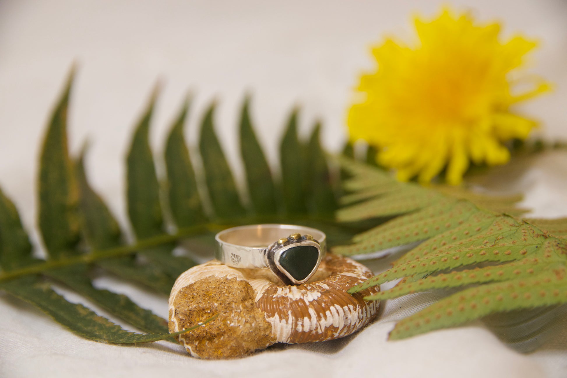 Green beach pebble in sterling silver with brass embellishments on top.