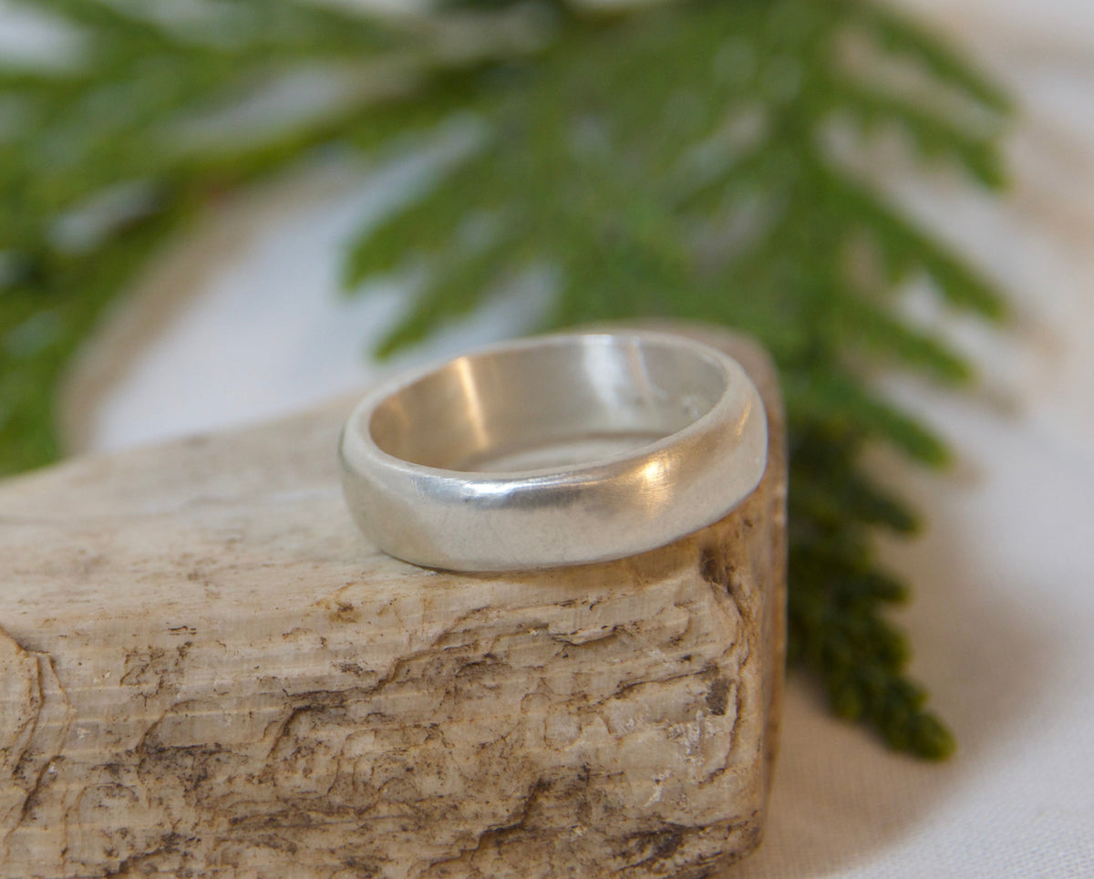 A polished silver ring displayed on a textured piece of driftwood, with green cedar branches in the background on a white fabric surface.