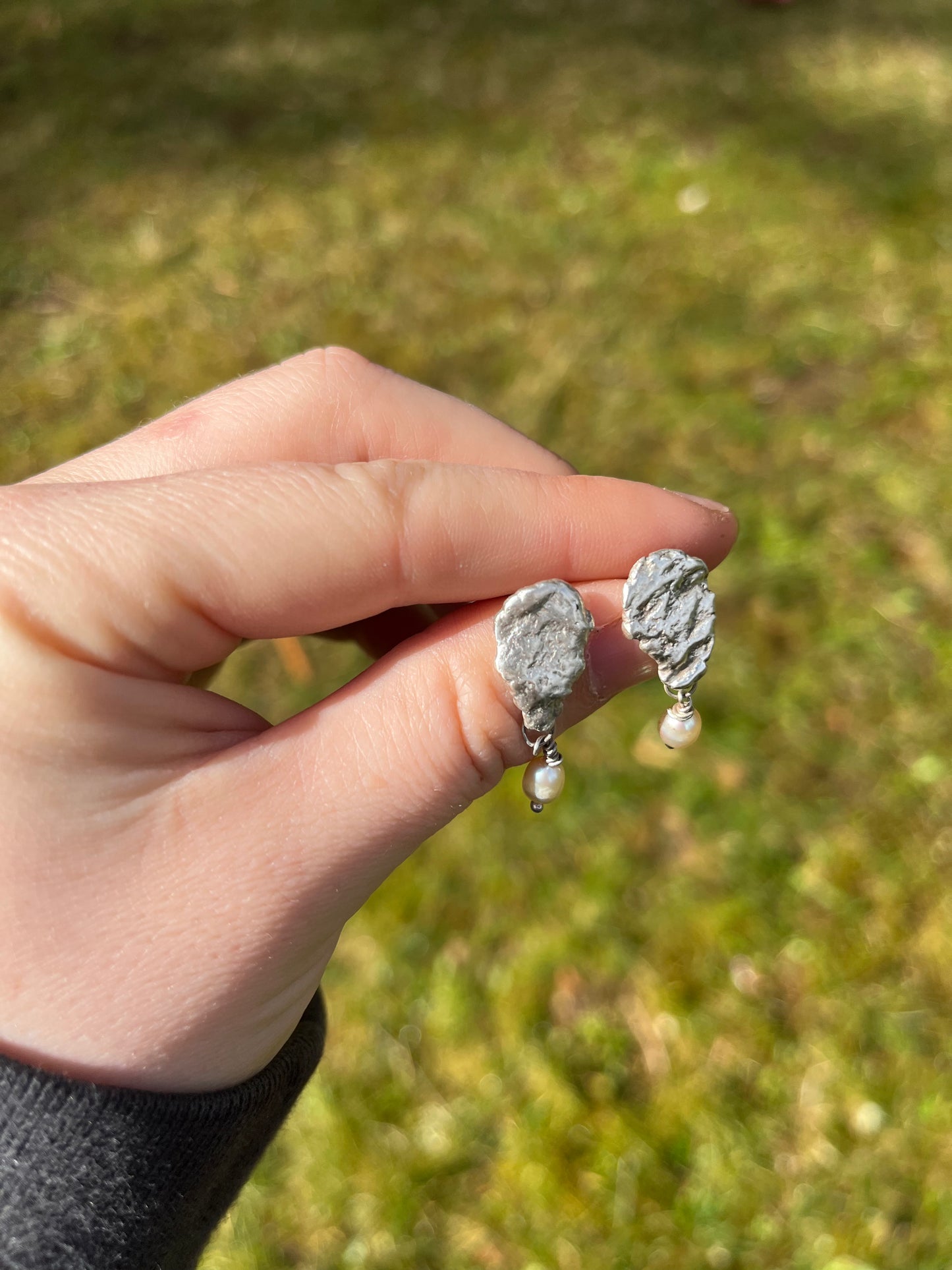 Handmade unique oyster earrings in sterling silver with freshwater pearl beads 