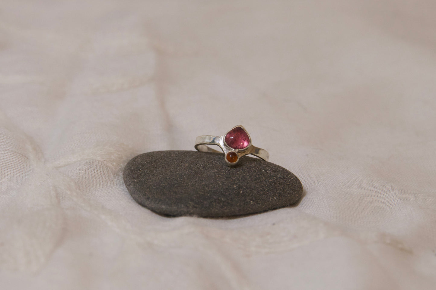 Whimsical one of a kind tourmaline and amber ring