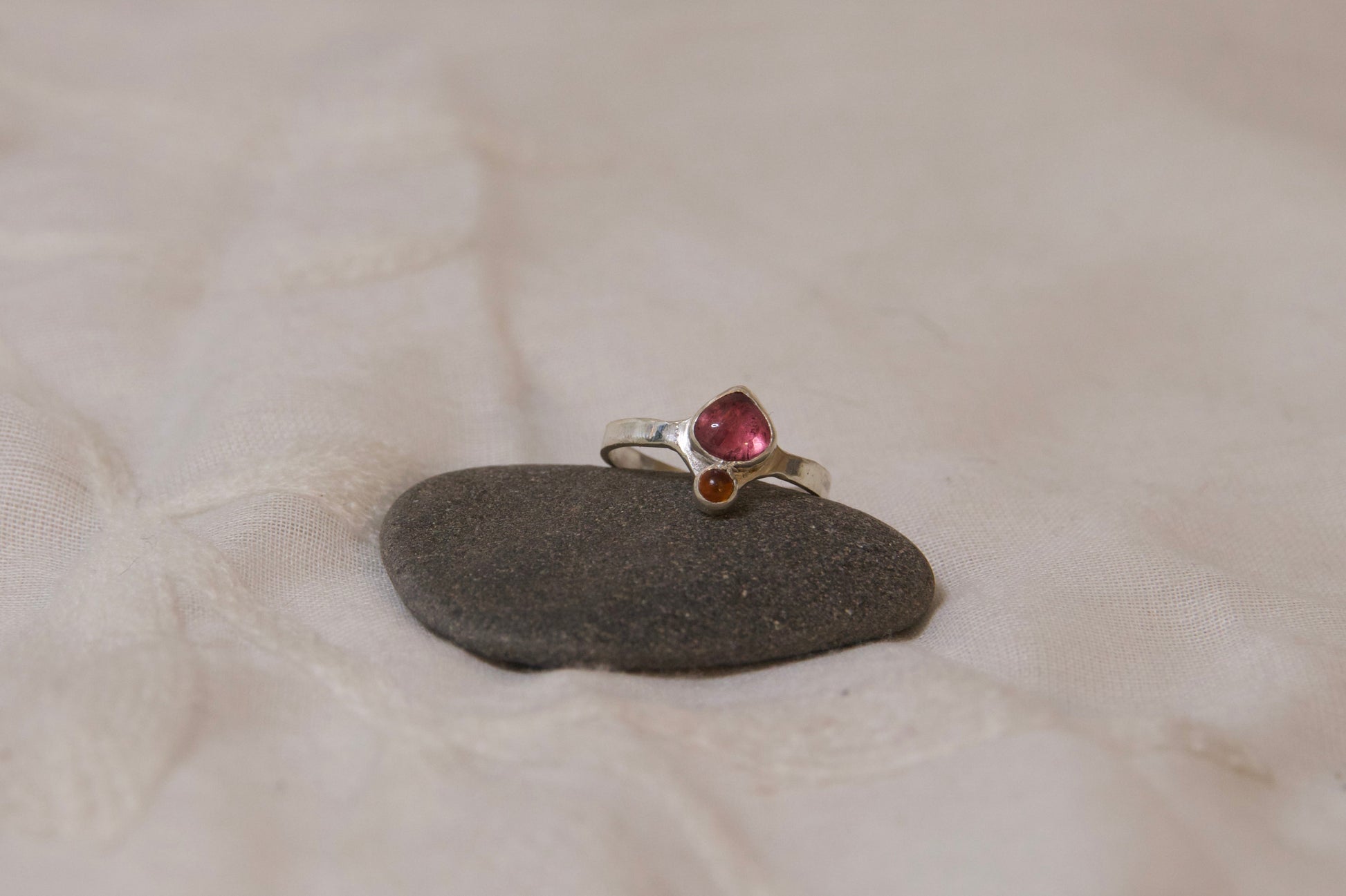 Whimsical one of a kind tourmaline and amber ring