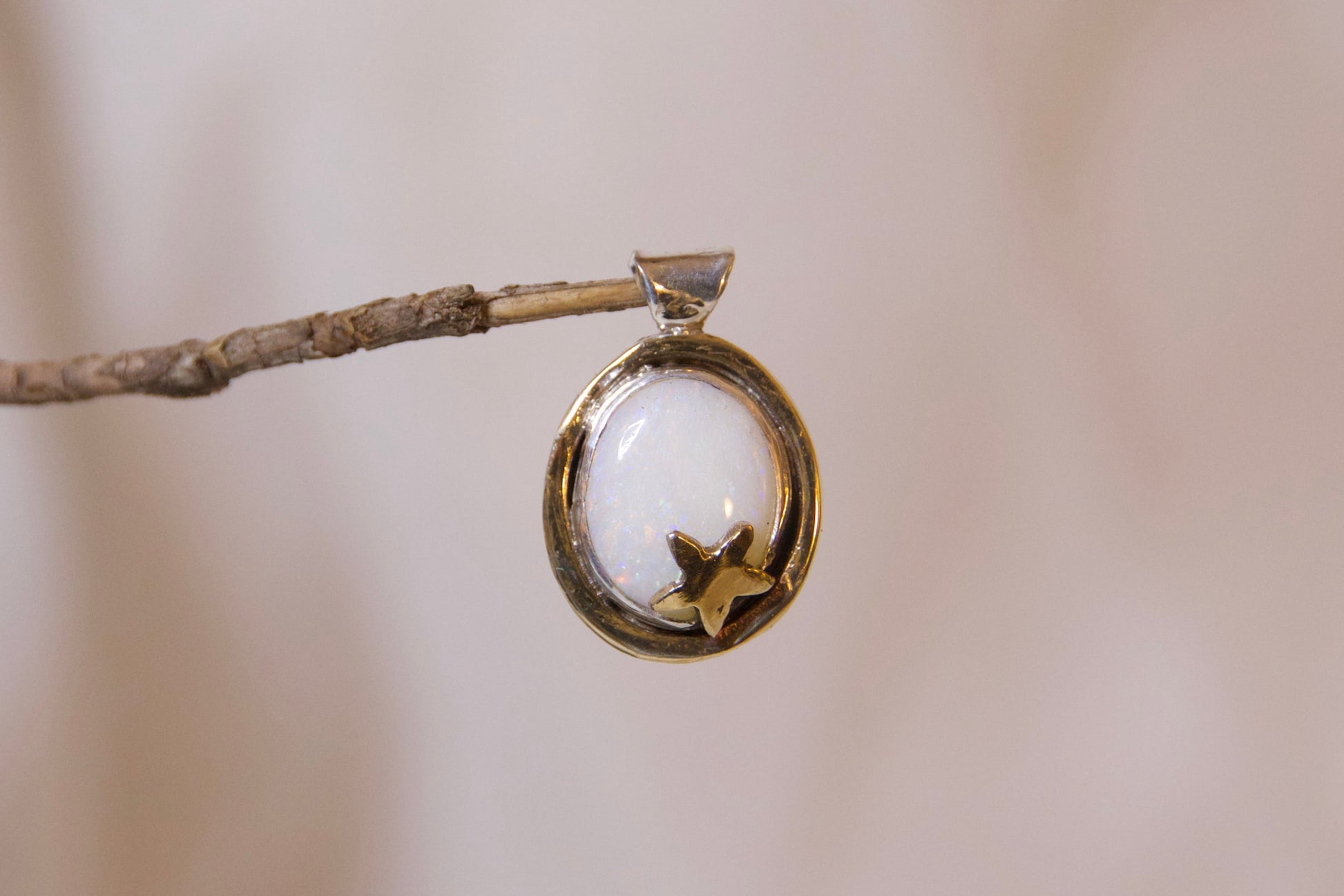 Brass pendant with a pendant on a branch against a blurred background