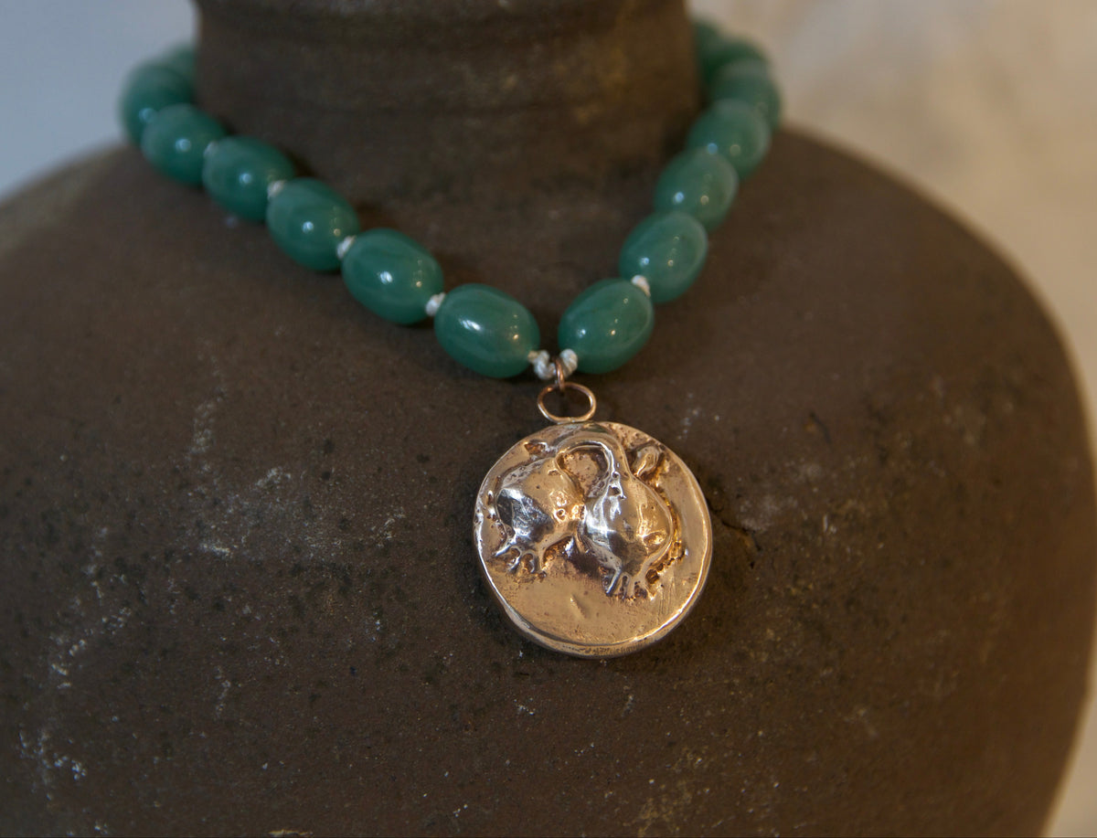 Bronze Pomegranate necklace beaded onto green aventurine 