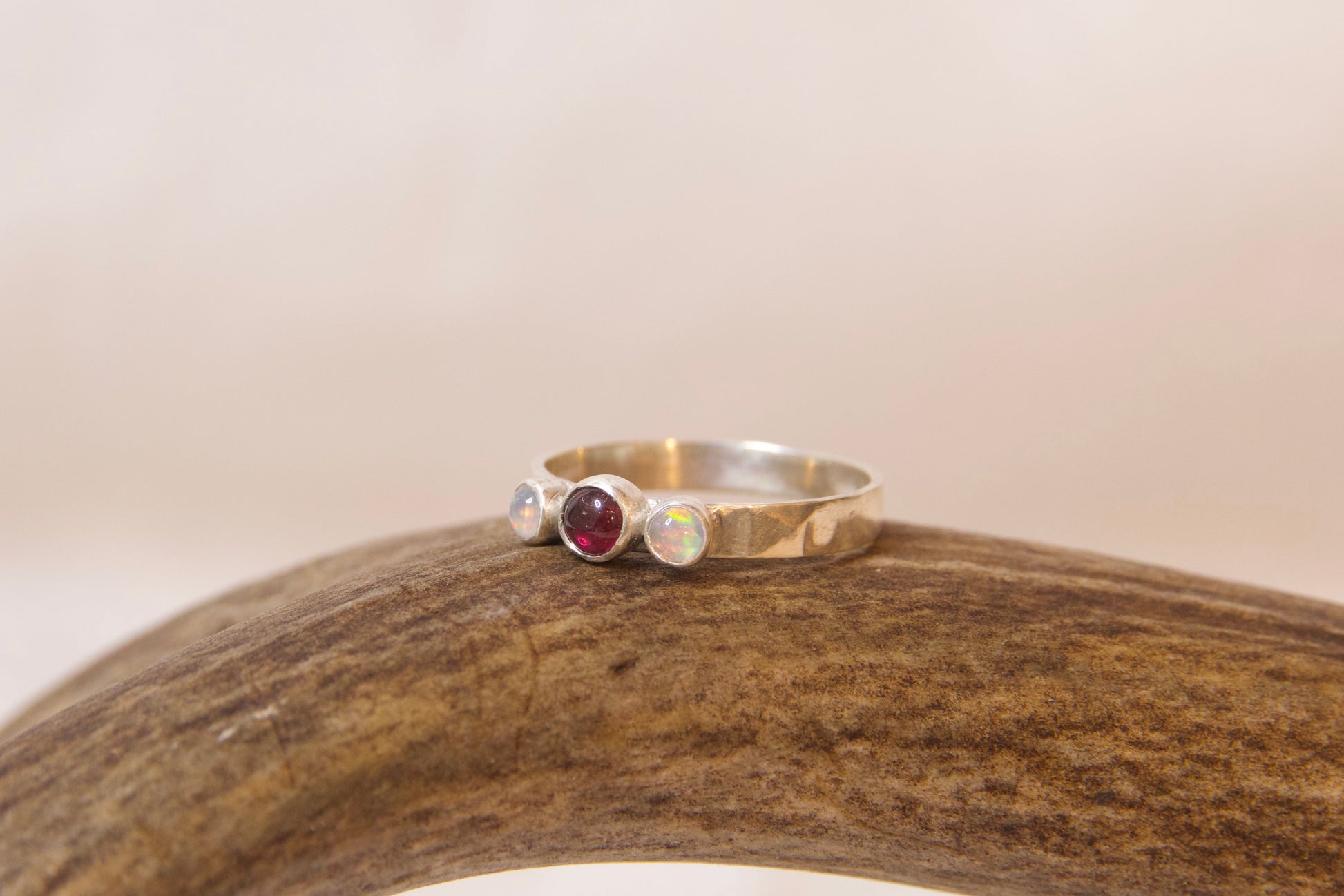 Sterling silver opal and garnet ring