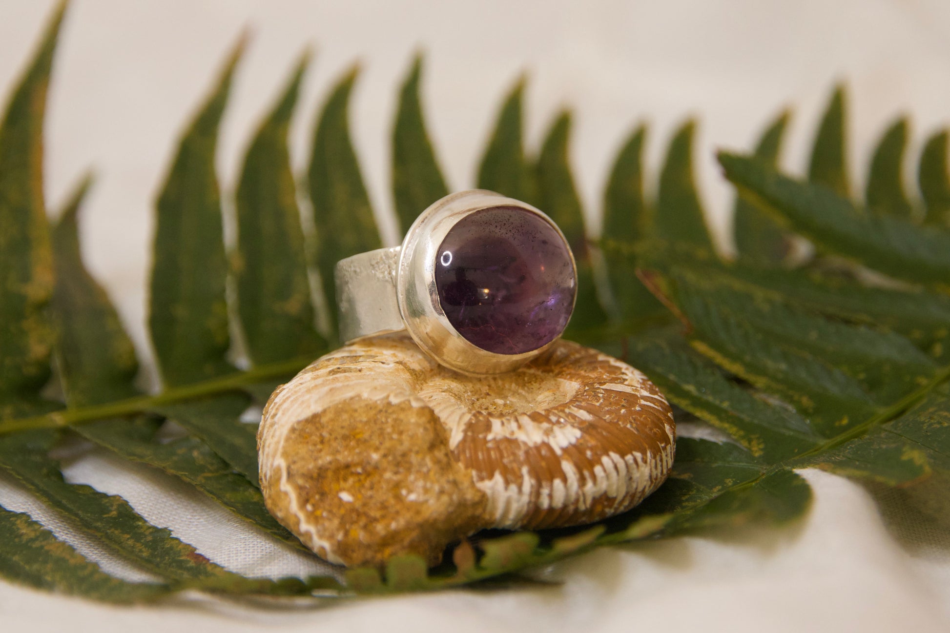 Artisan sterling silver amethyst ammonite ring one of a kind handmade ring