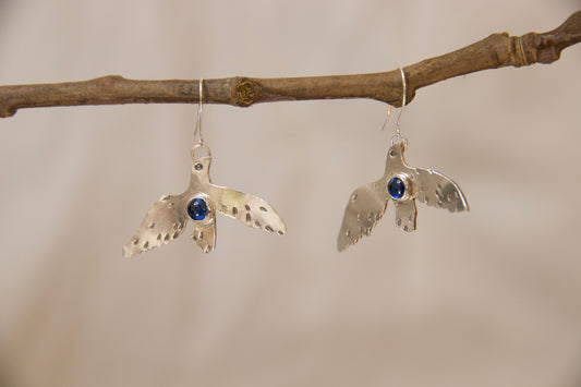 Unique one of a kind Sapphire bluebird earrings. Hand crafted in sterling silver bright blue stones