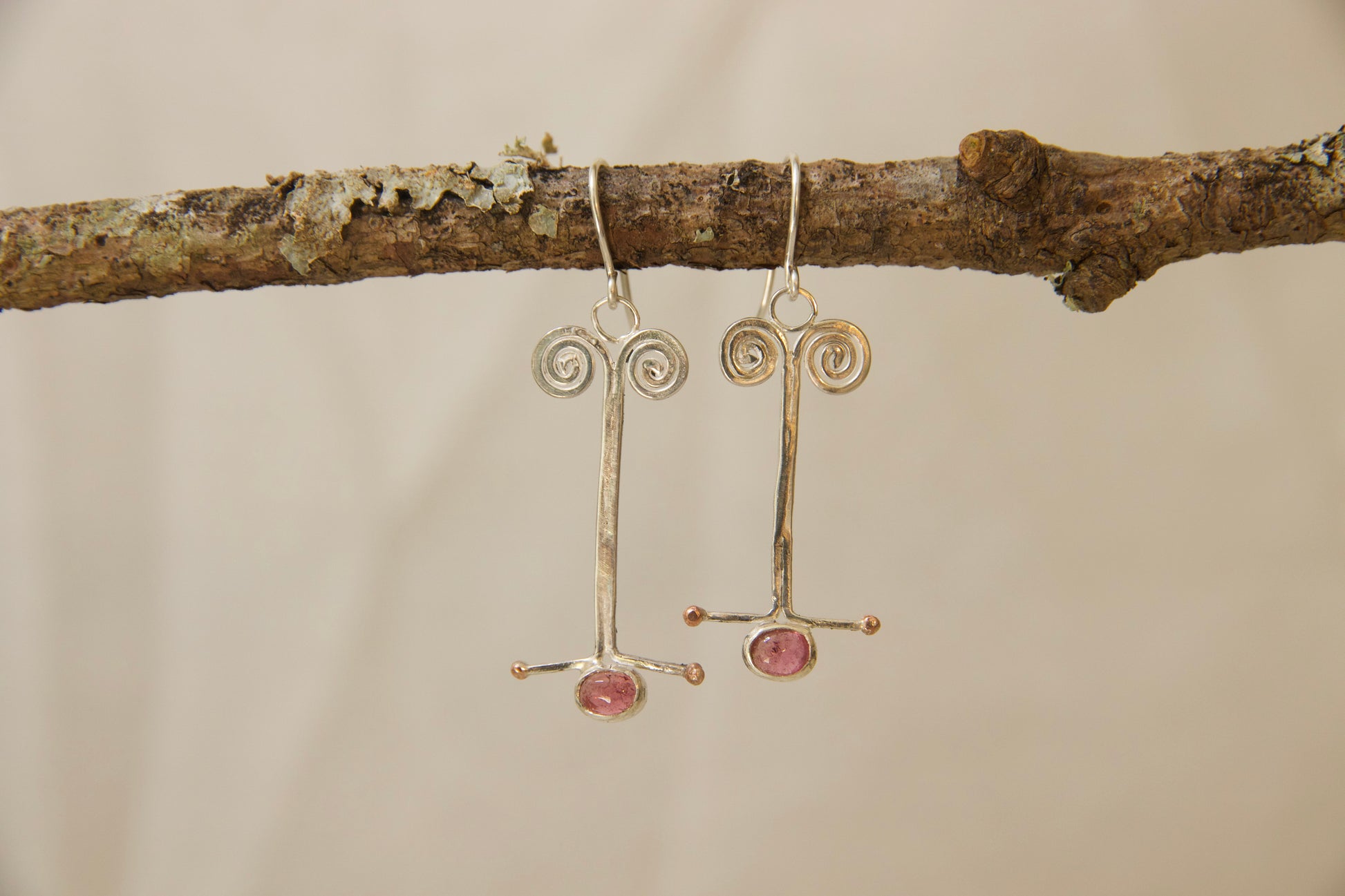 Sterling silver and tourmaline and brass handmade hand forged earrings