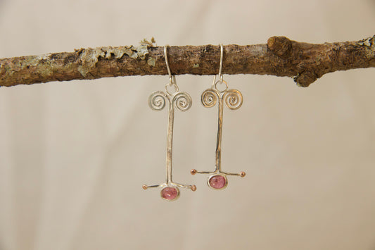 Sterling silver and tourmaline and brass handmade hand forged earrings
