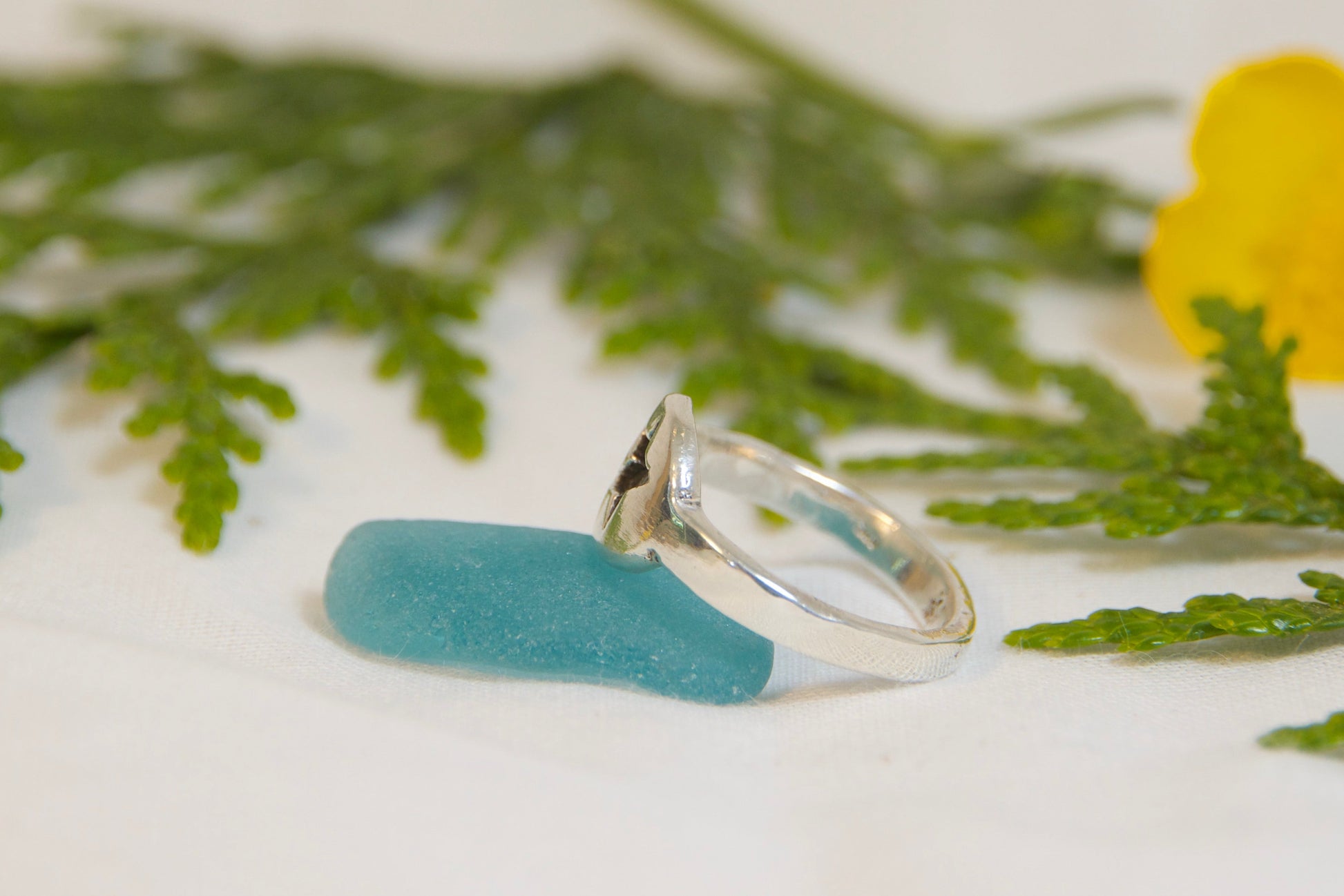 Silver ring with blue accent on a white surface with green leaves and a yellow flower.