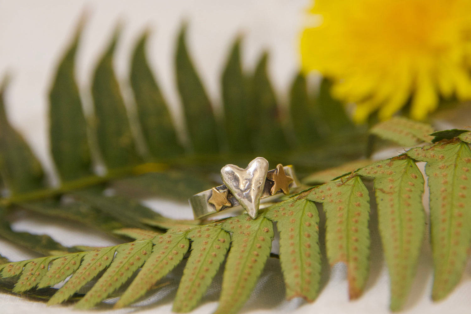 Sterling silver and brass artistically made ring whimsical heart and stars 