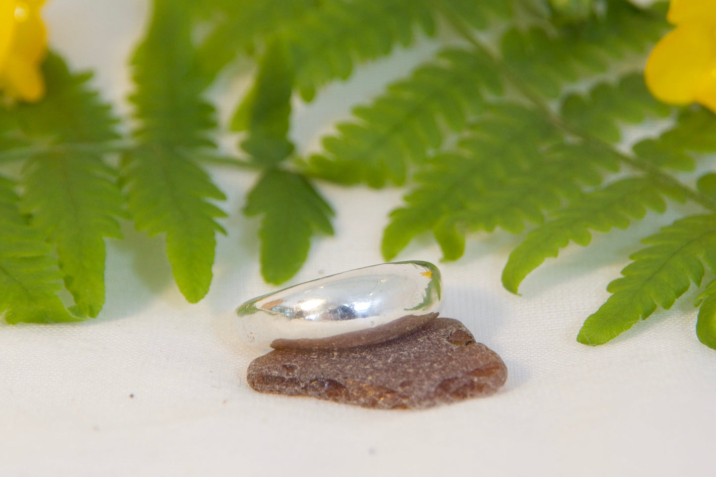 Silver ring on a piece of wood with yellow flowers and green leaves on a white background
