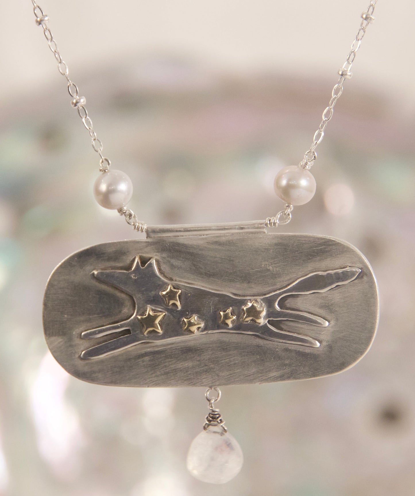 Sterling silver whimsical necklace with pearls and moonstone