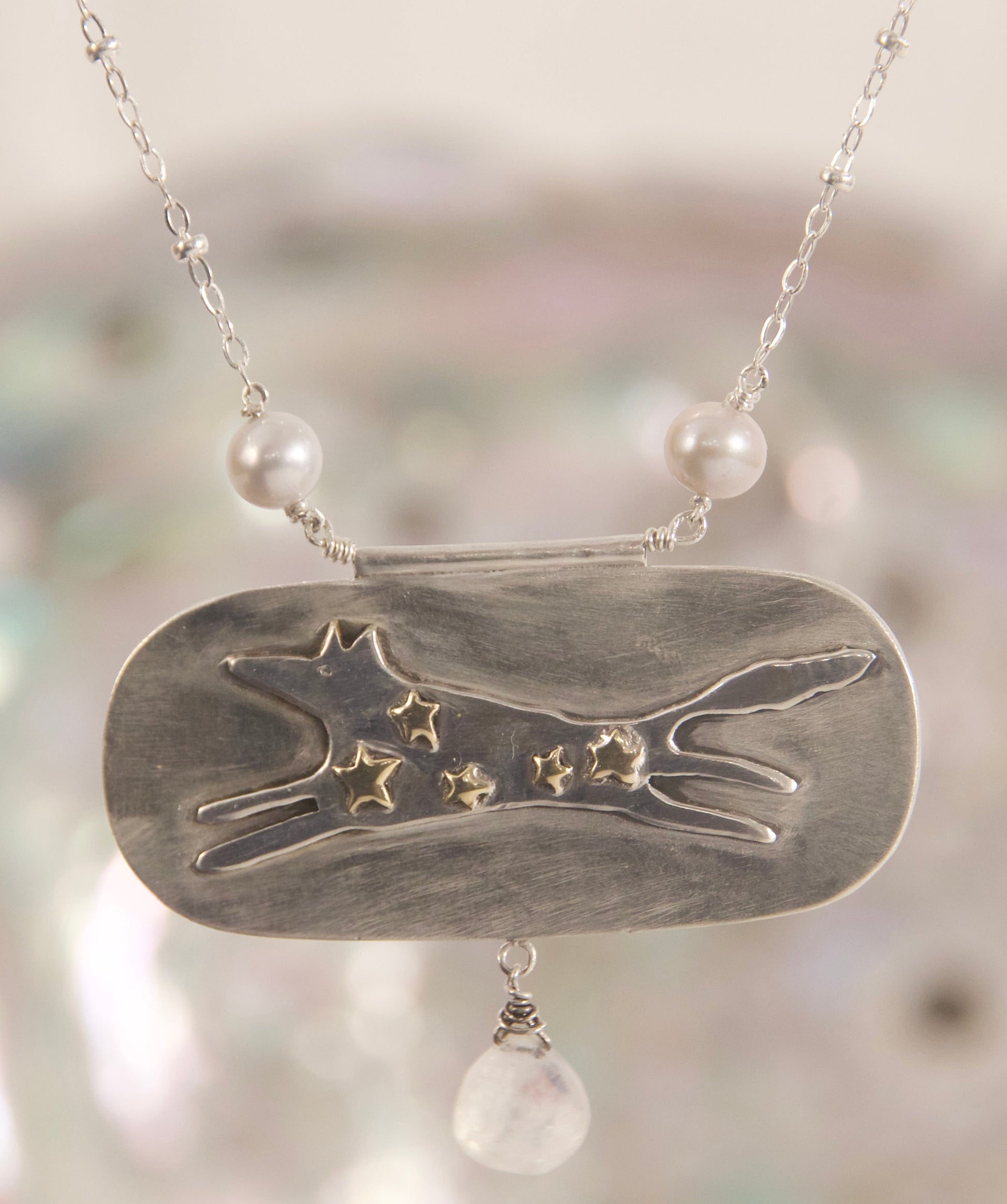 Sterling silver whimsical necklace with pearls and moonstone