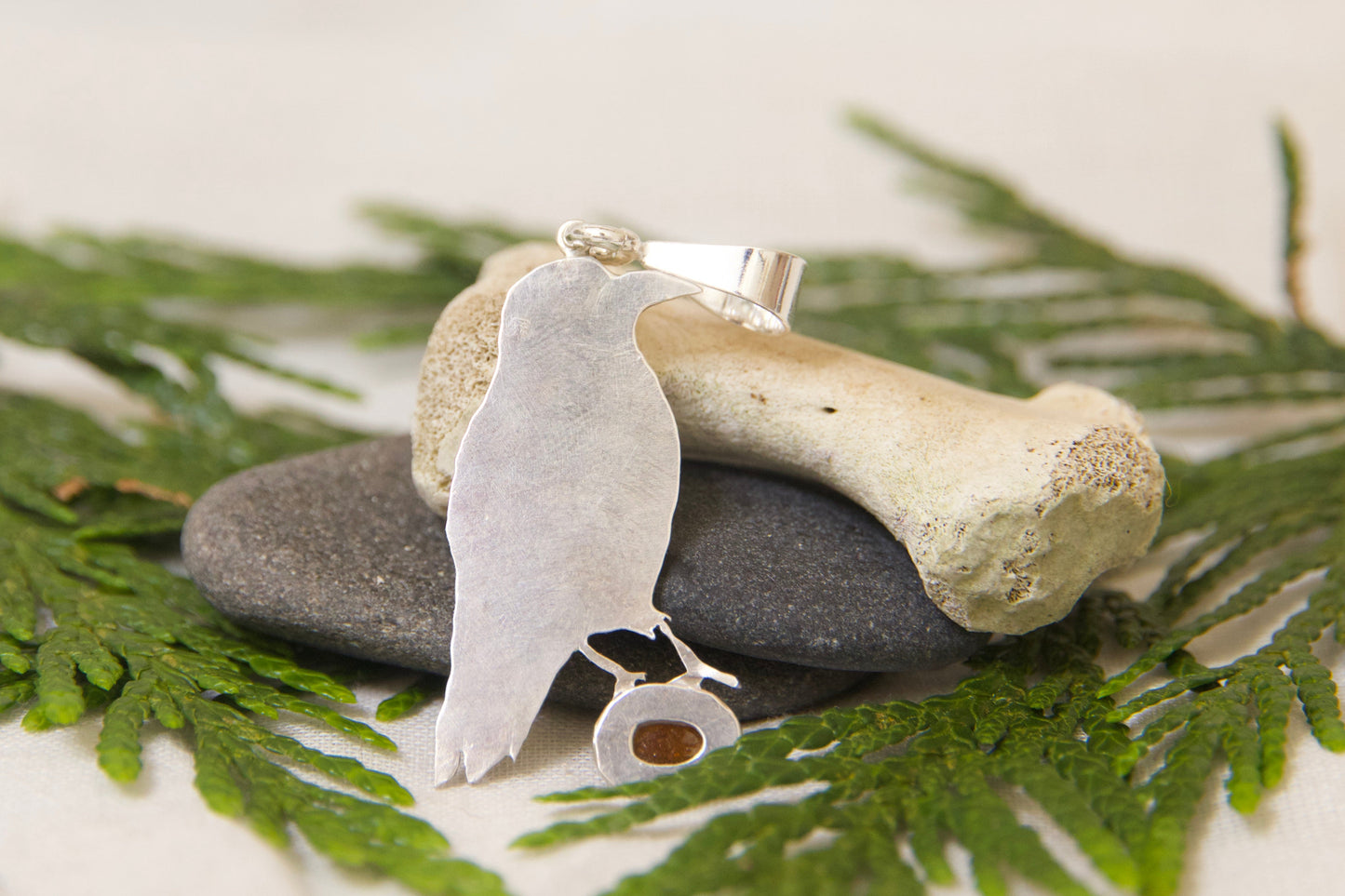 Raven pendant with orange stone witchy jewelry