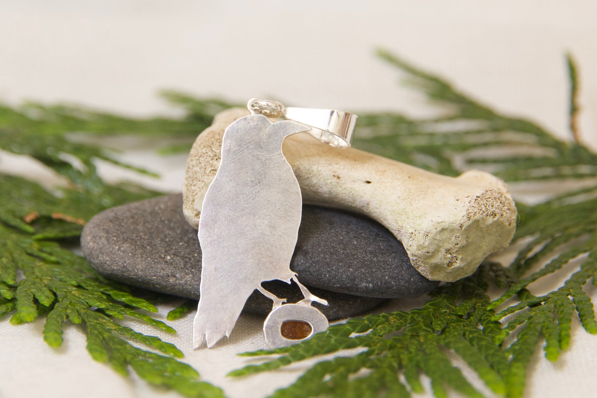 Raven pendant with orange stone witchy jewelry