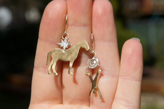 Handcrafted brass and sterling silver earrings one of a kind funny jewelry