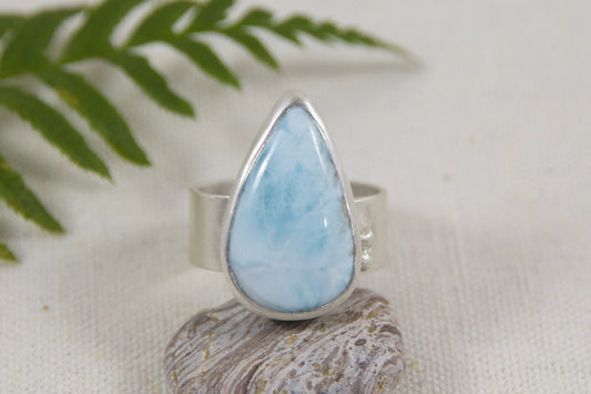 Ring with a teardrop-shaped light blue stone on a white background with a fern leaf.