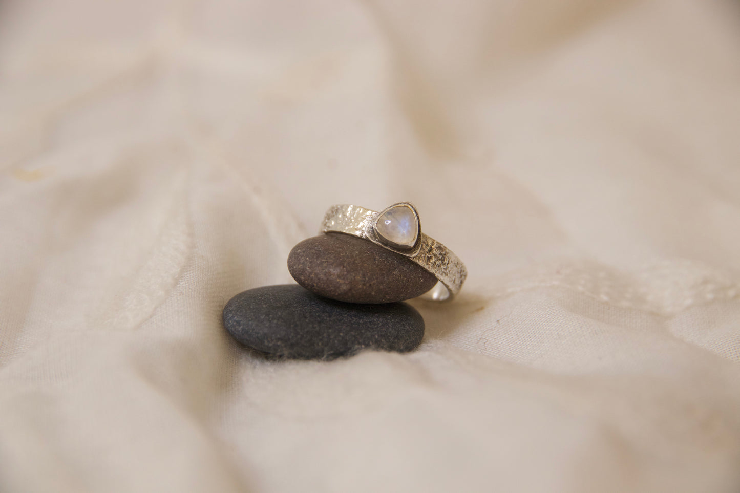 Unique moonstone ring trillium shaped stone in sterling silver artisan jewelry