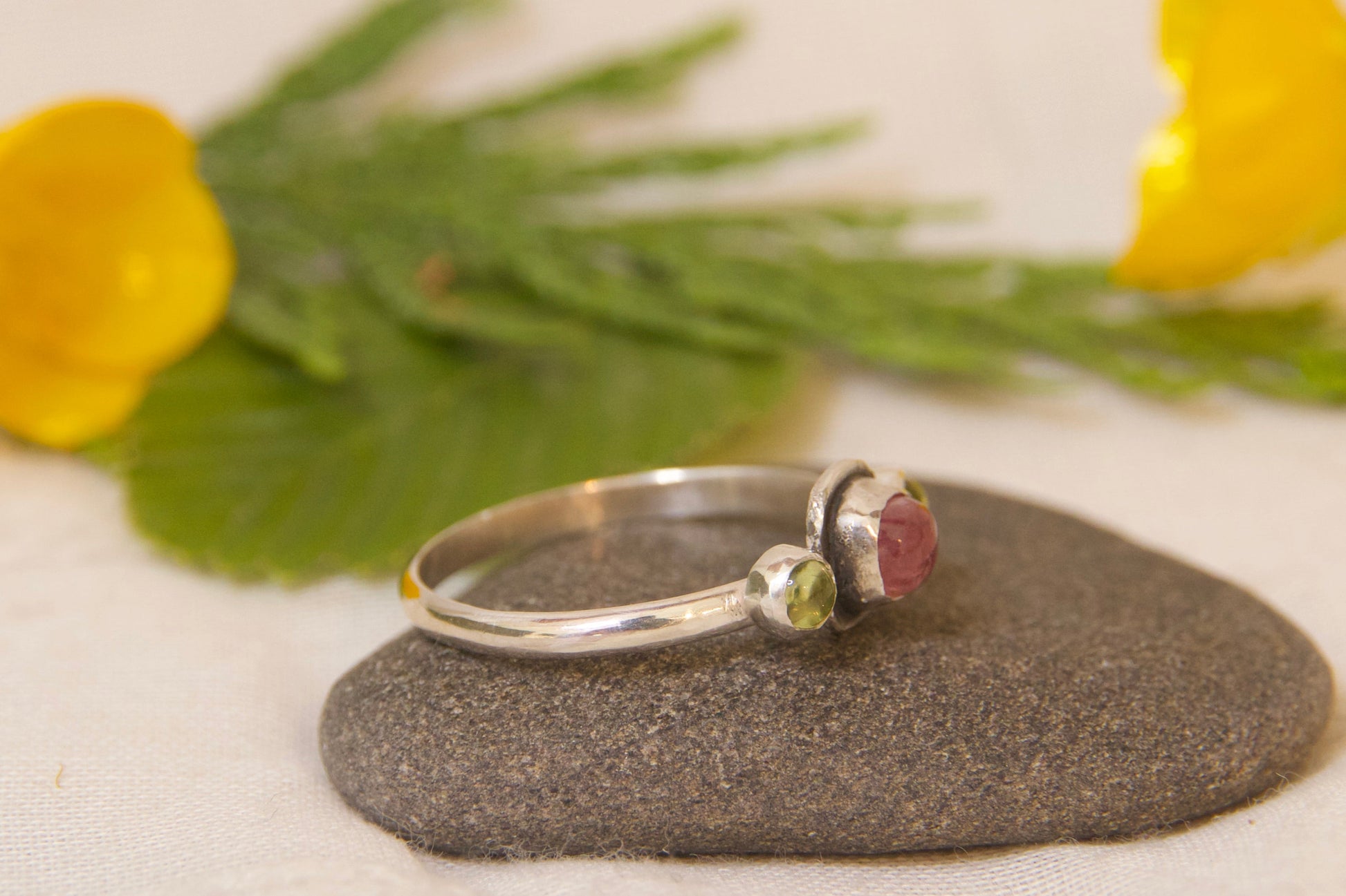 Whimsical one of a kind tourmaline and peridot ring