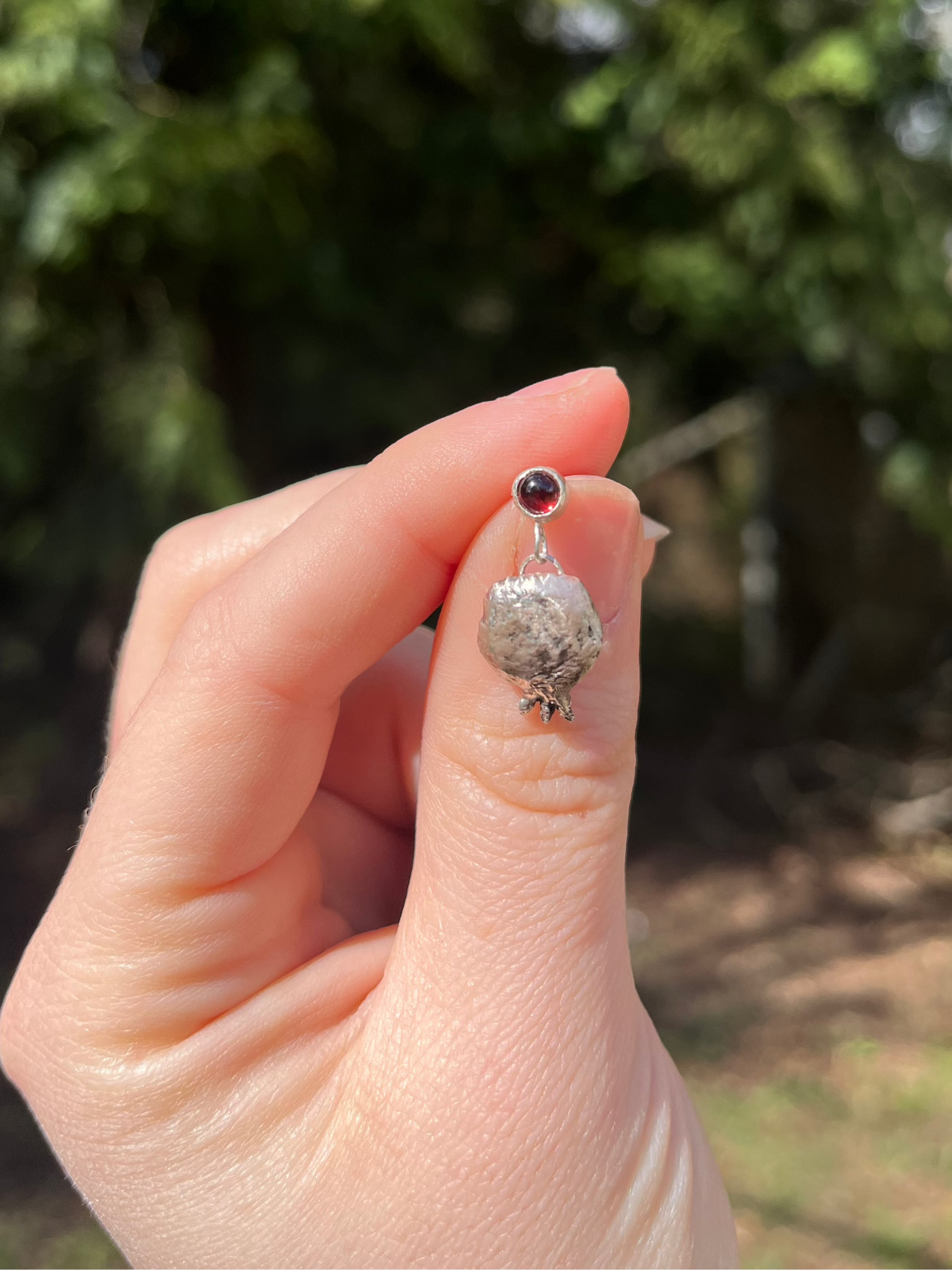 Beautiful red garnets with sterling silver hand fabricated pomegranate 